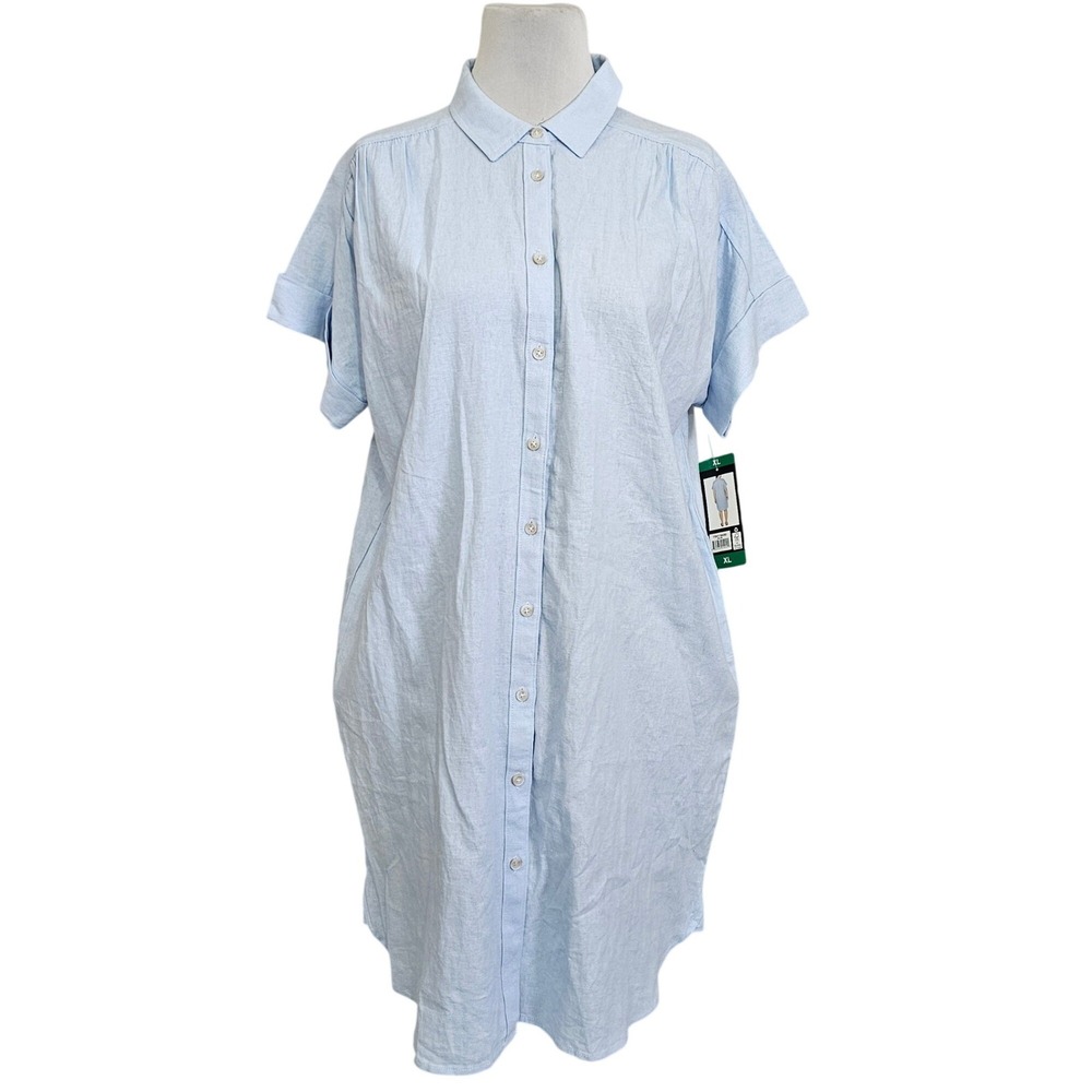 Well Worn XL Linen Blend Shirt Dress Light Blue Button Front Midi Plus Beach Cas